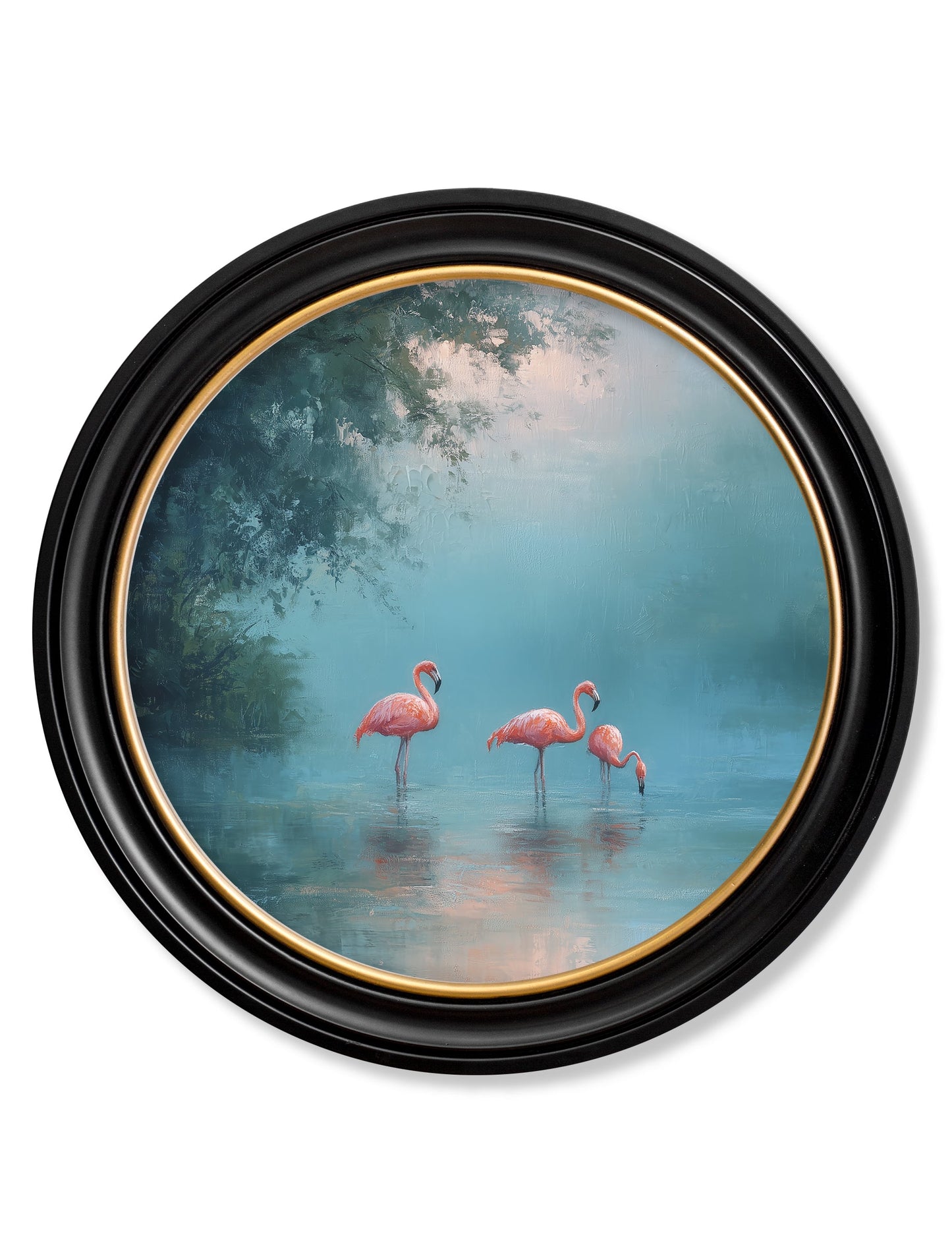 Misty Lake Flamingos – Oxford Round Frame detail – Leya Buster Interiors