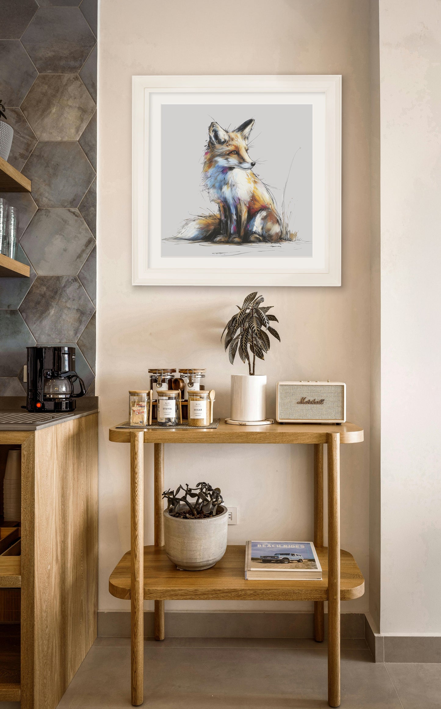 Little Fox Cosy Sketch – Cream Hurstwood Square Frame – framed wall art at Leya Buster Interiors