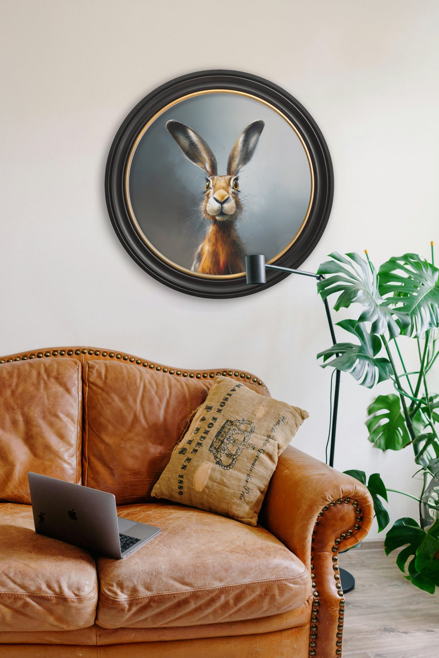 A Curious Hare – Oxford Round Frame – framed wall art at Leya Buster Interiors