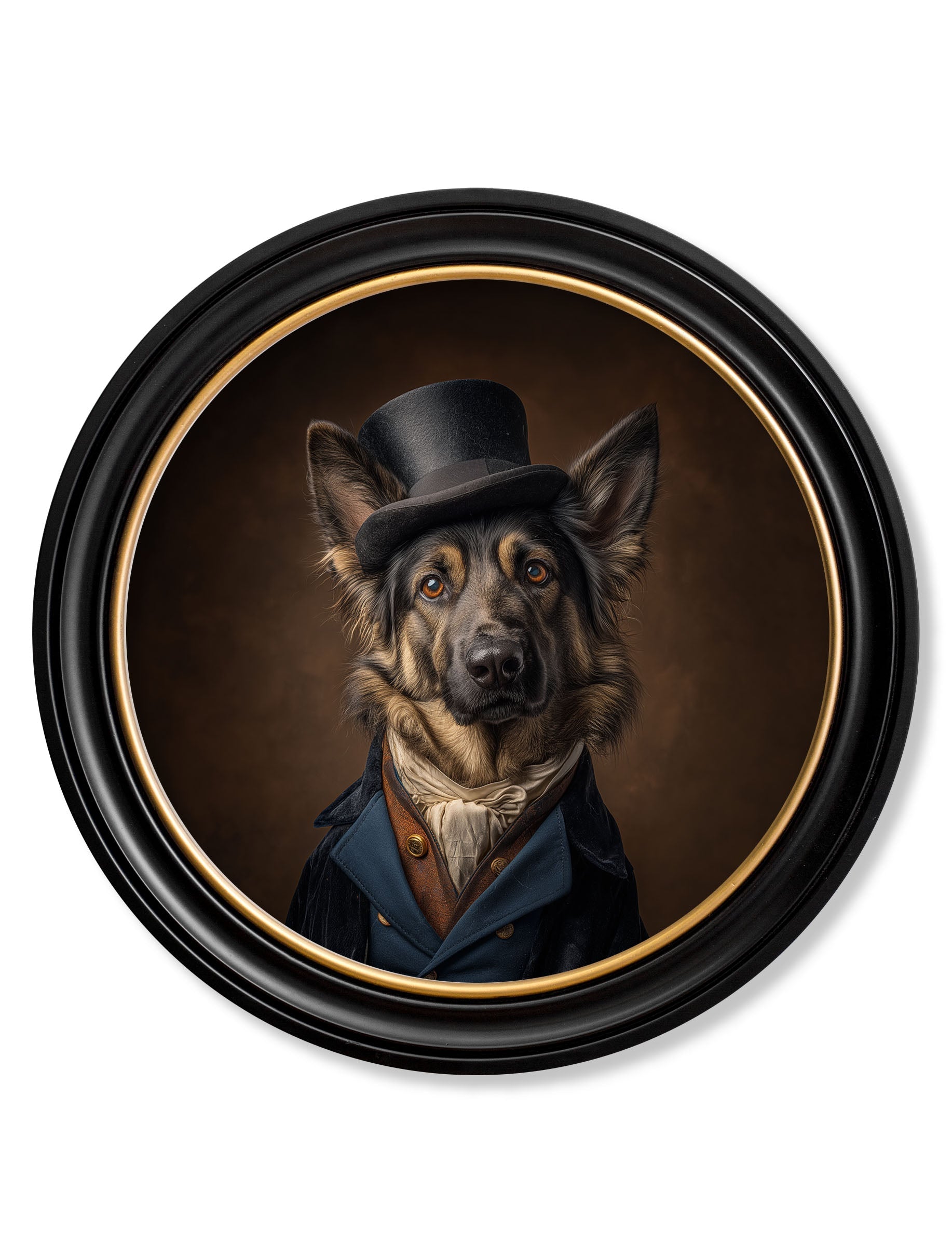 Count Von Shepherd – Gentleman German Shepherd Oxford Round Frame detail – Leya Buster Interiors
