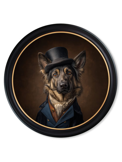 Count Von Shepherd – Gentleman German Shepherd Oxford Round Frame styled view – Leya Buster Interiors