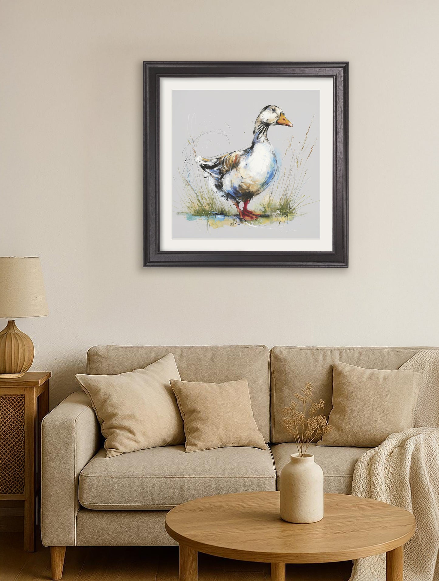 White Goose Cosy Sketch – Black Hurstwood Square Frame – framed wall art at Leya Buster Interiors