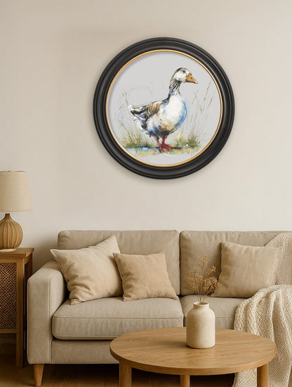 White Goose Cosy Sketch – Oxford Round Frame – framed wall art at Leya Buster Interiors