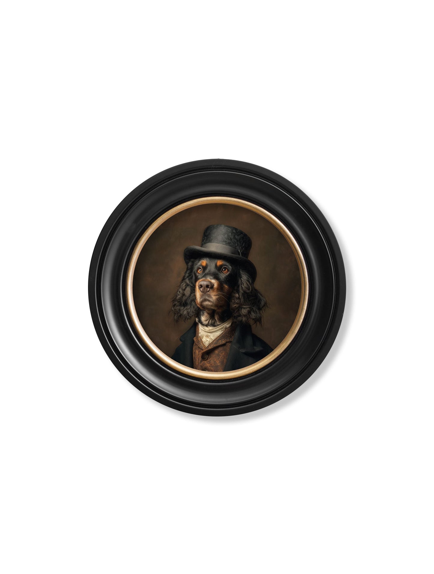 Duke Gordy of Tails – Gentleman Gordon Setter Oxford Round Frame styled view – Leya Buster Interiors