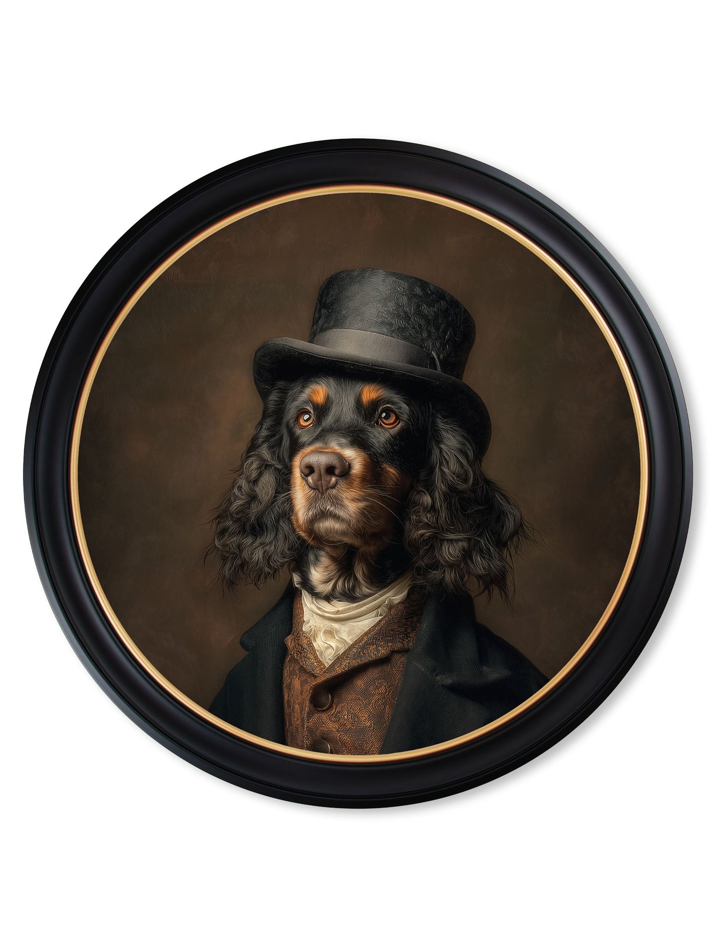 Duke Gordy of Tails – Gentleman Gordon Setter Oxford Round Frame styled view – Leya Buster Interiors
