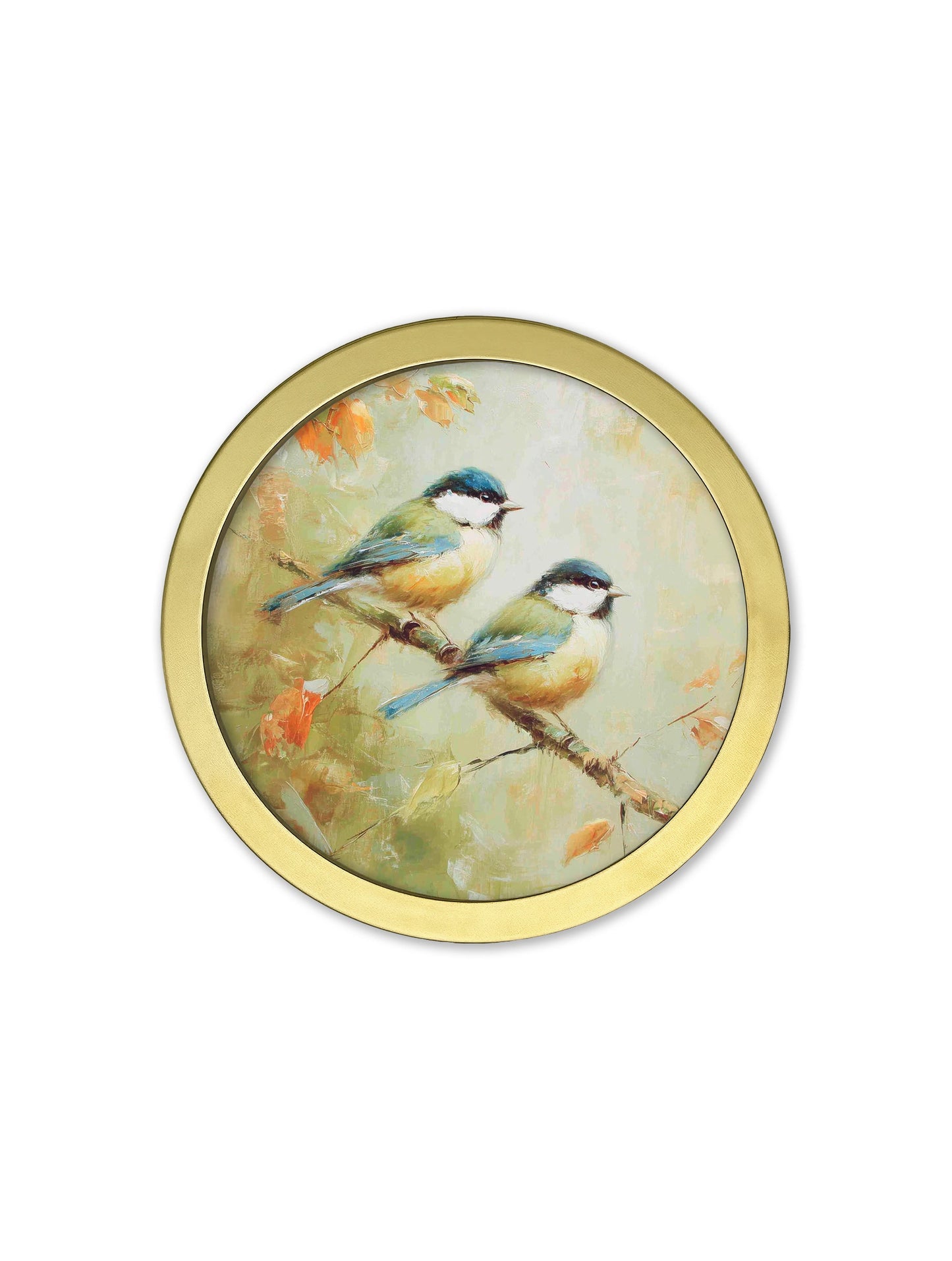 Garden Birds – 30cm Gold Round Box Frame styled view – Leya Buster Interiors