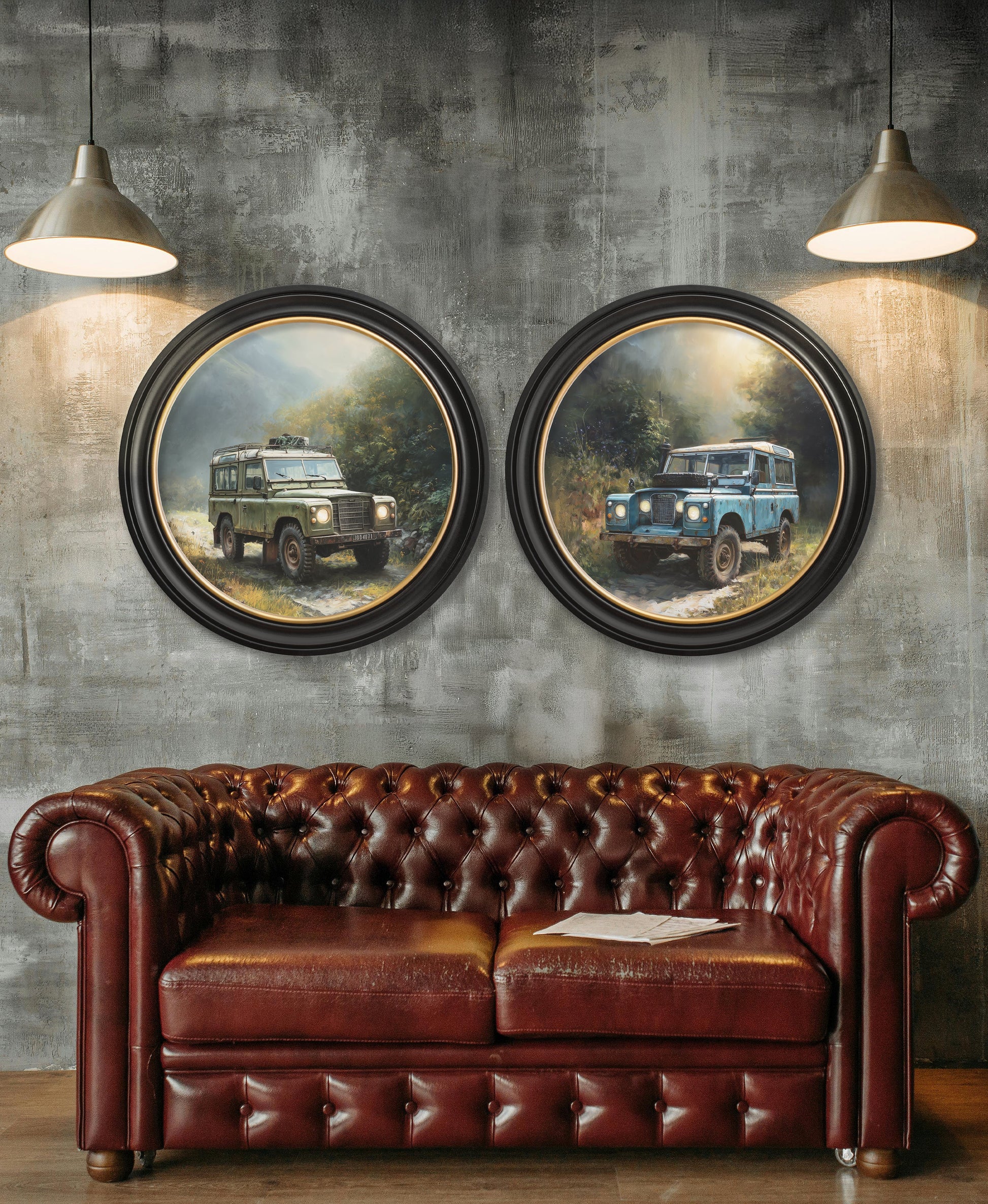 Country Track Defender Blue – Oxford Round Frame styled view – Leya Buster Interiors