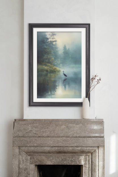 Misty Lake Heron – Black Hurstwood Frame – framed wall art at Leya Buster Interiors