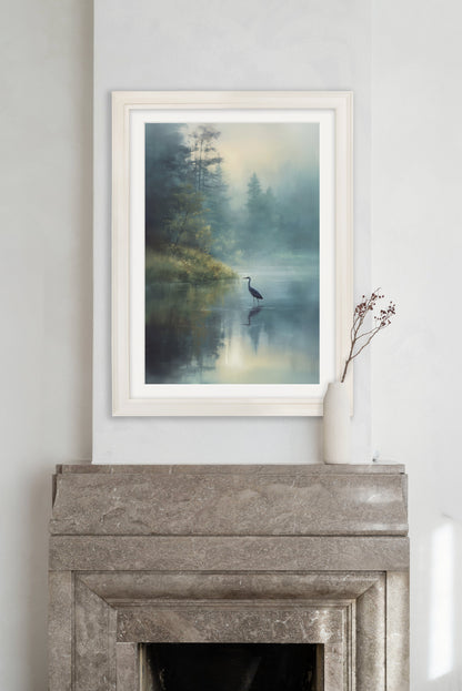 Misty Lake Heron – Cream Hurstwood Frame – framed wall art at Leya Buster Interiors