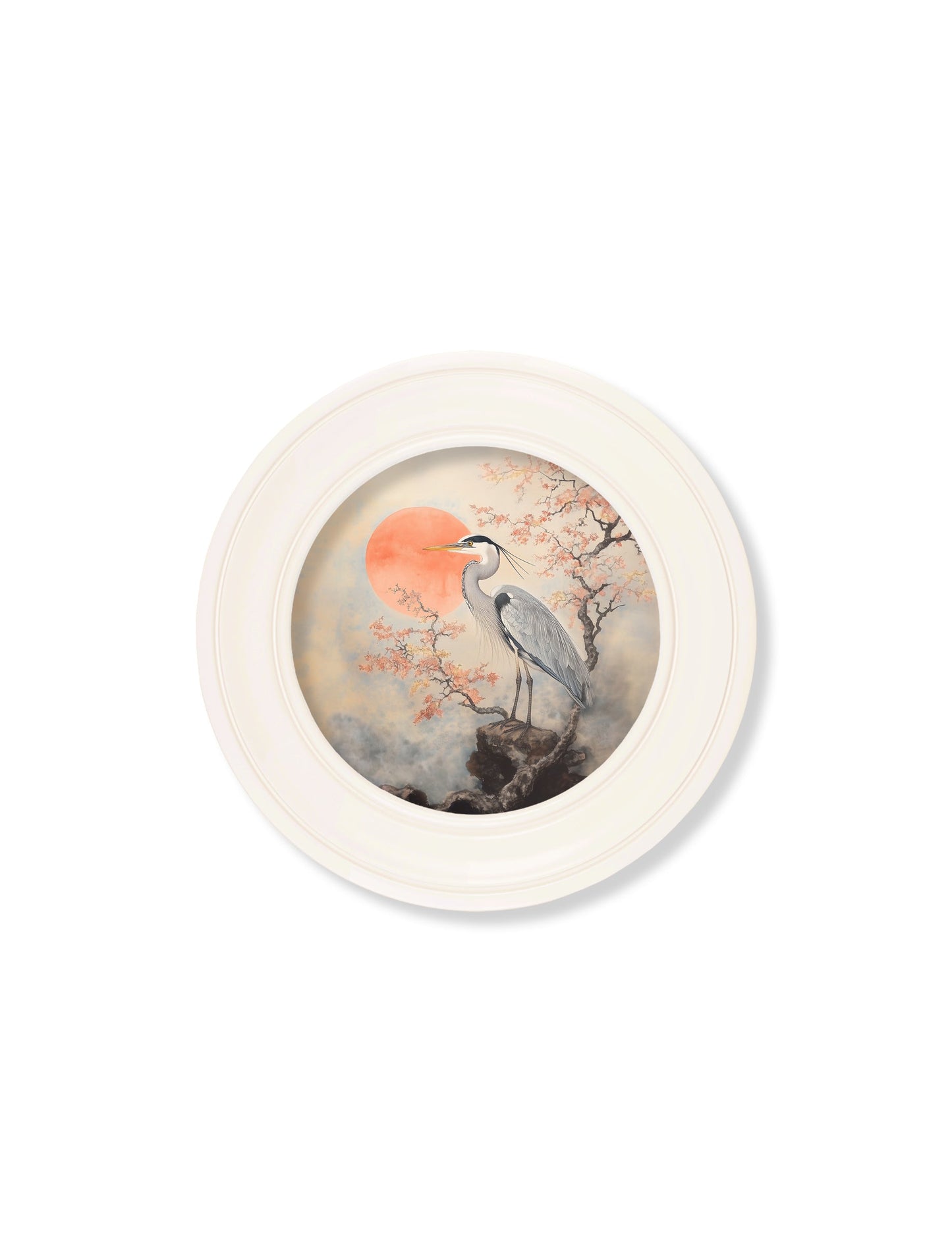 Japanese Twin Herons – Oxford Strong White Round Frame styled view – Leya Buster Interiors