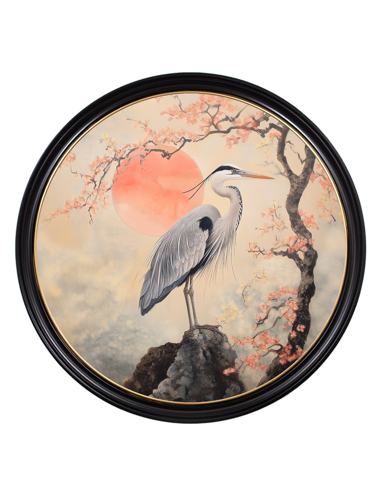 Japanese Twin Herons – Oxford Round Frame styled view – Leya Buster Interiors