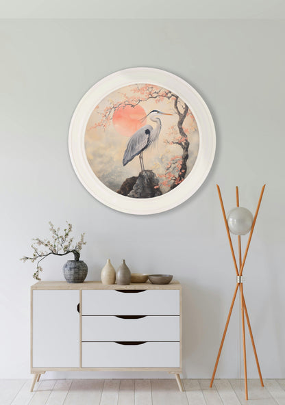 Japanese Twin Herons – Oxford Strong White Round Frame styled view – Leya Buster Interiors