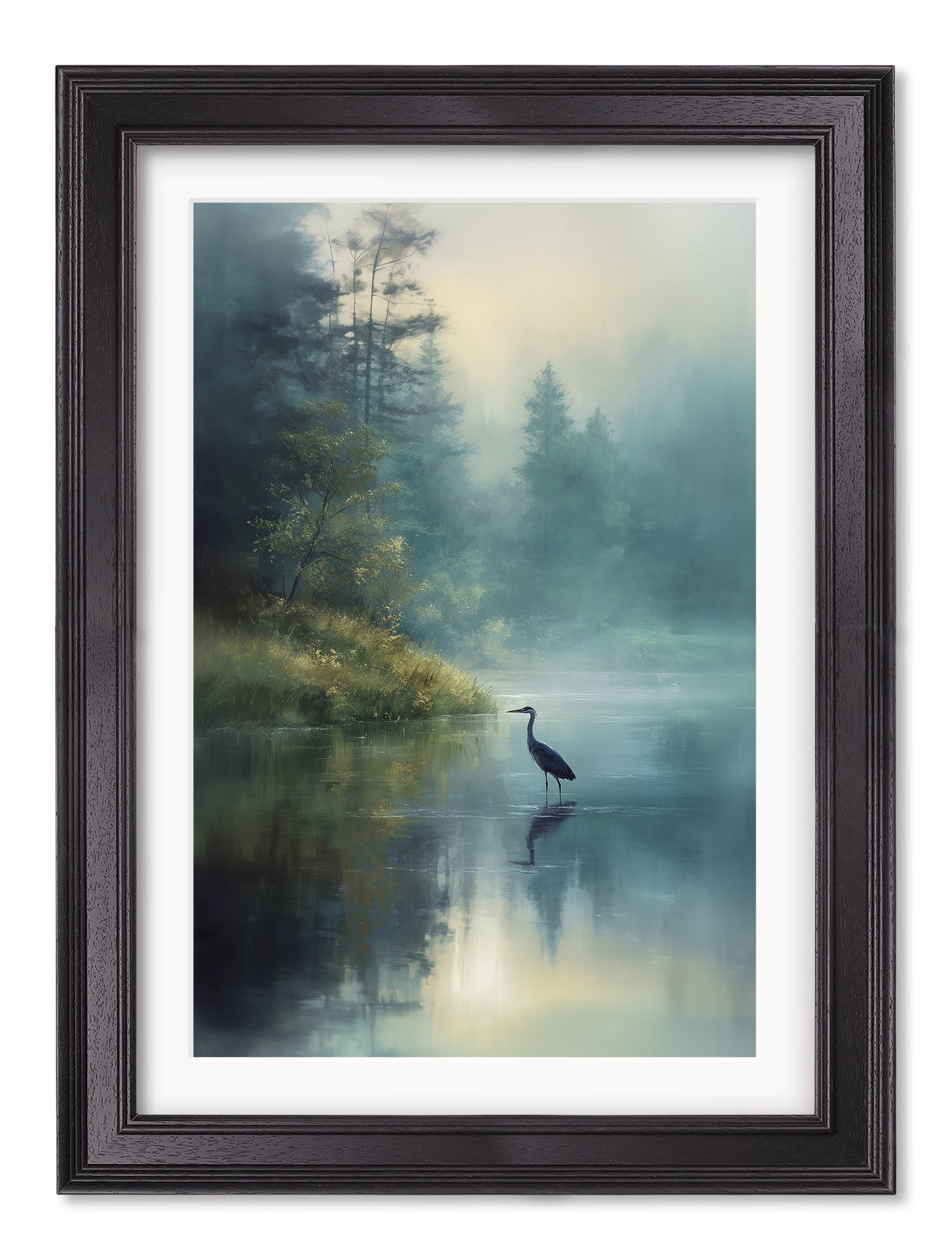 Misty Lake Heron – Black Hurstwood Frame styled view – Leya Buster Interiors