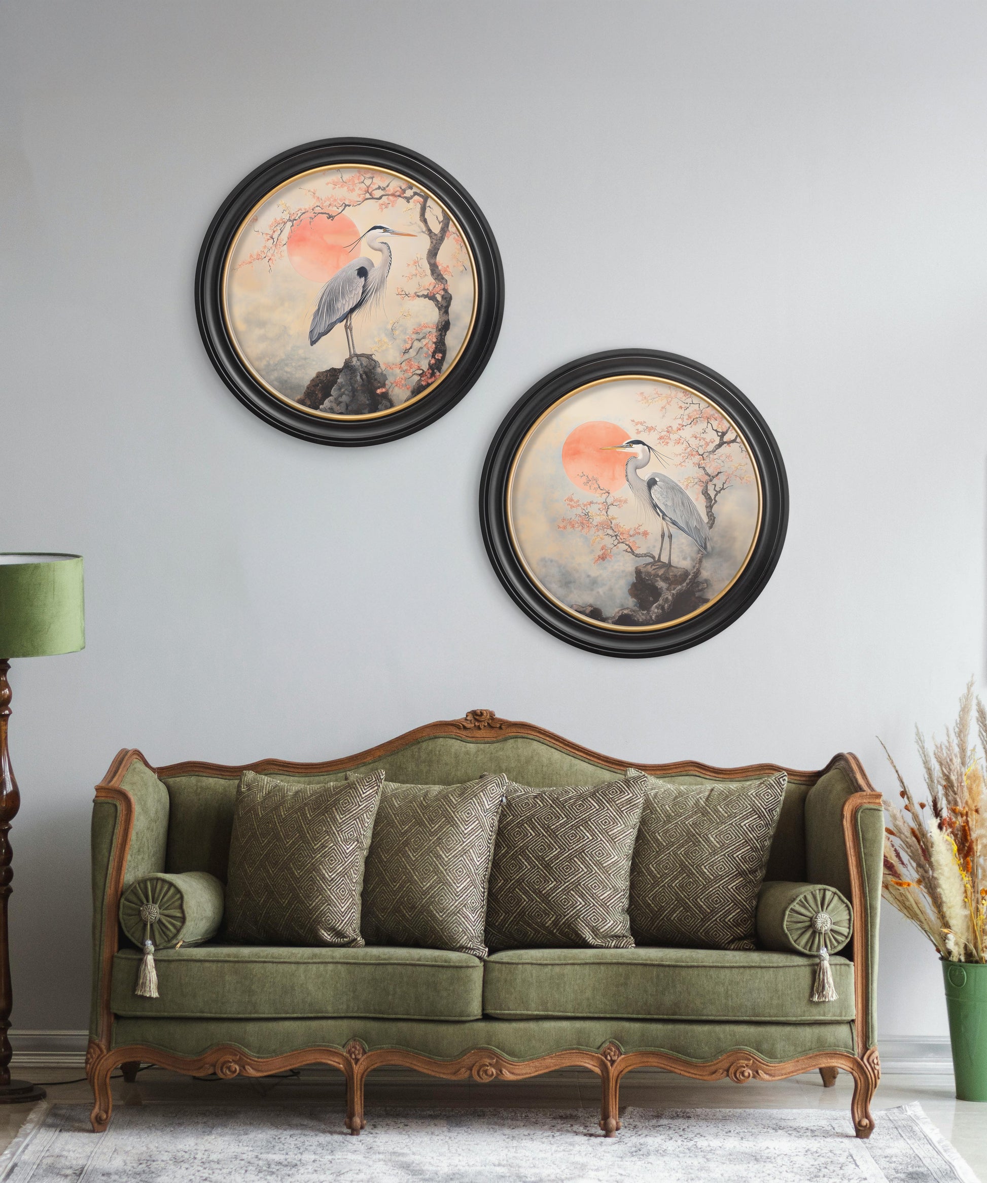 Japanese Twin Herons – Oxford Round Frame – framed wall art at Leya Buster Interiors