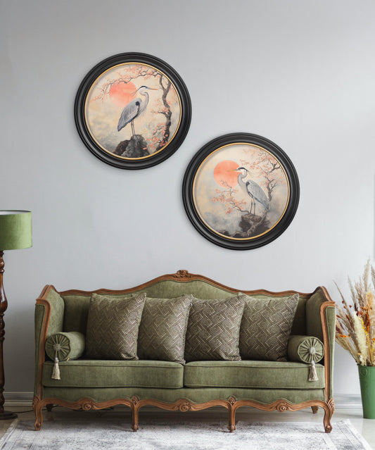 Japanese Twin Herons – Oxford Round Frame – framed wall art at Leya Buster Interiors