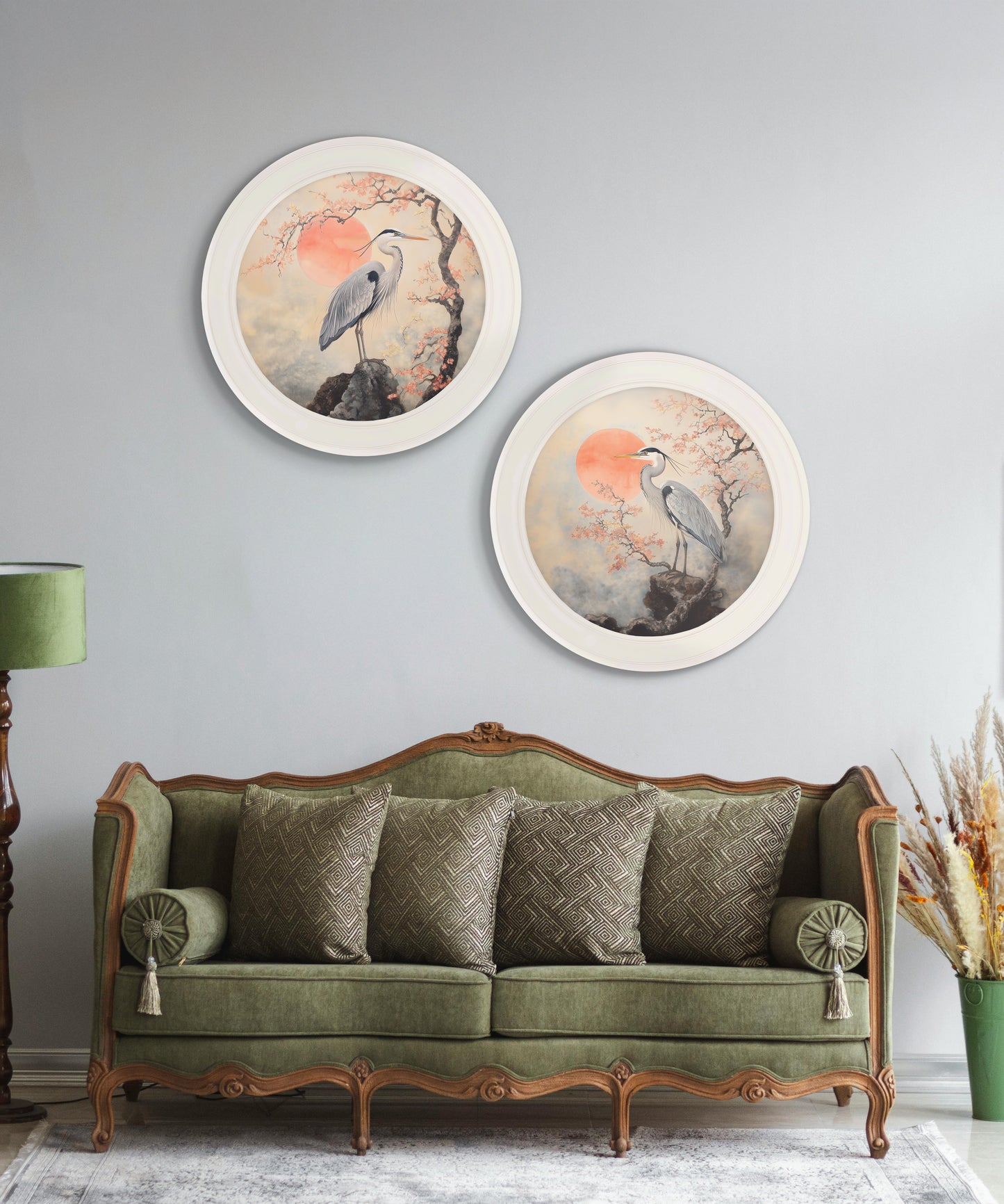 Japanese Twin Herons – Oxford Strong White Round Frame – framed wall art at Leya Buster Interiors