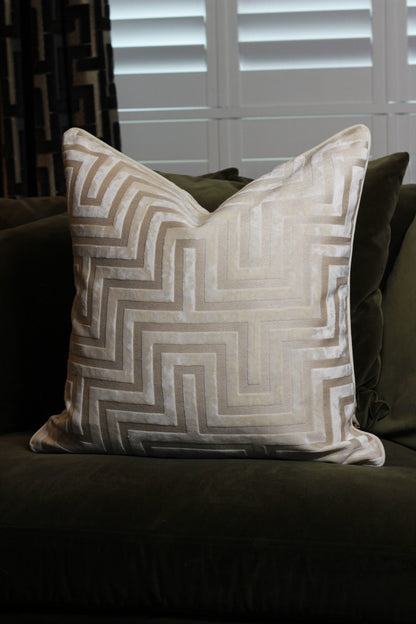 Ivory Amaze Velvet Cut Cushion – Large styled view – Leya Buster Interiors
