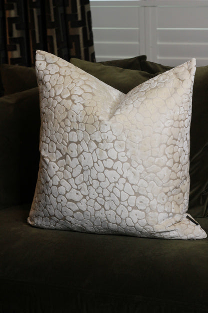 Ivory Velvet Cut Leopard Spot Cushion – Large styled view – Leya Buster Interiors