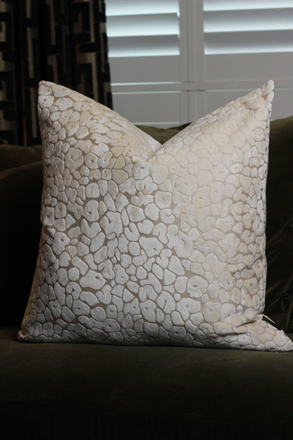 Ivory Velvet Cut Leopard Spot Cushion – Large styled view – Leya Buster Interiors