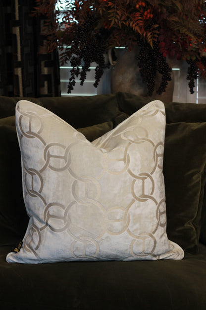 Hooked Velvet Cushion Ivory styled view – Leya Buster Interiors