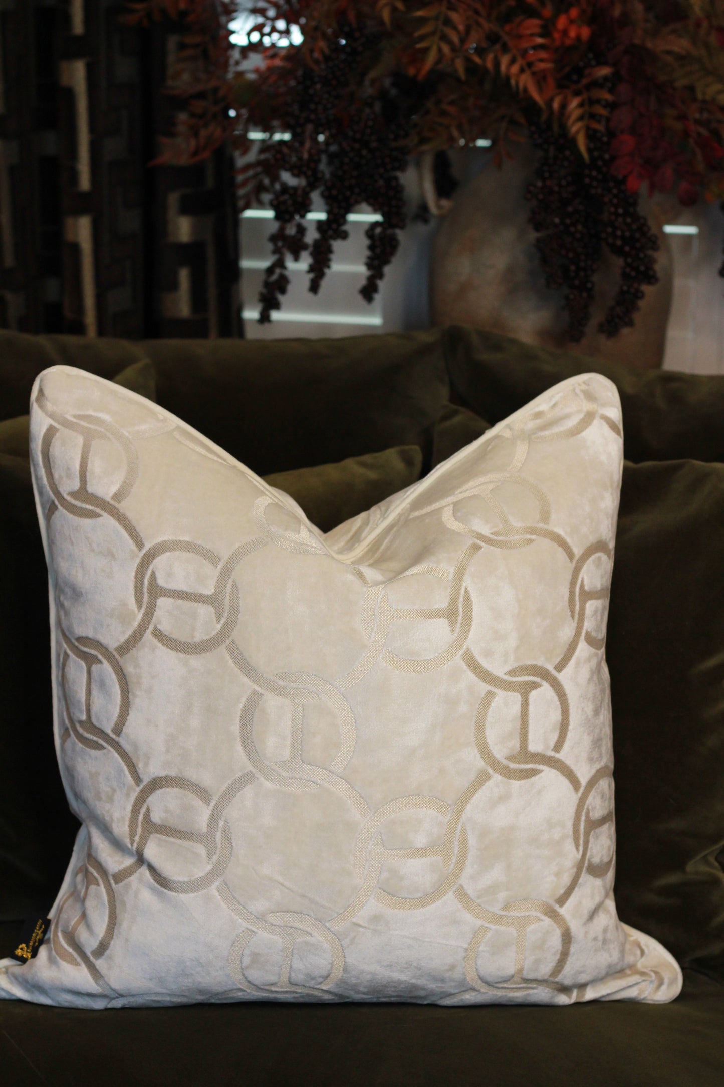 Hooked Velvet Cushion Ivory
