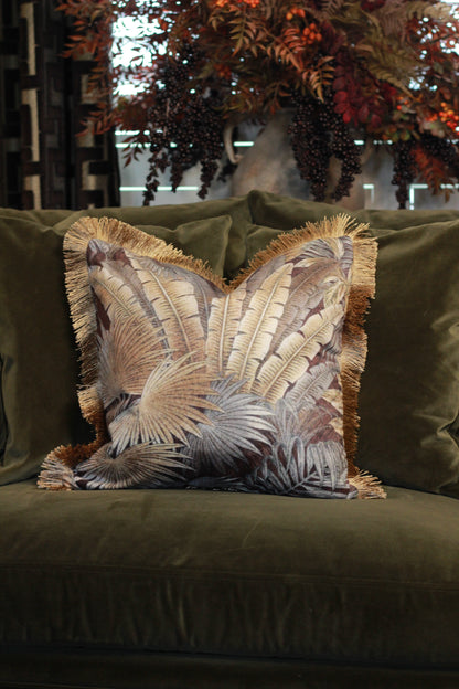 Palm Print Cushion with Fringe – 45x45cm styled view – Leya Buster Interiors