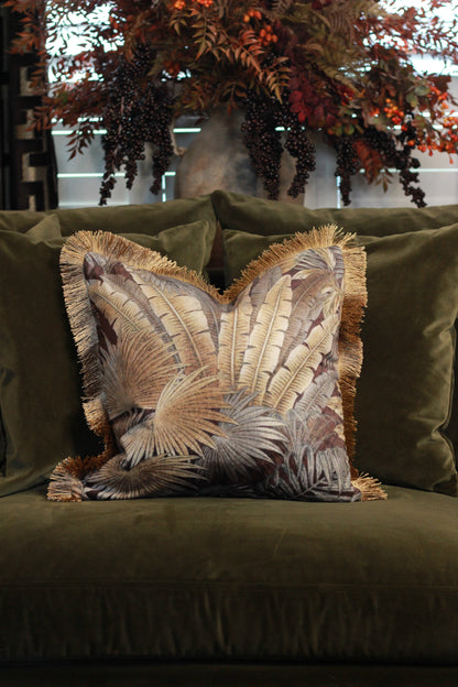 Palm Print Cushion with Fringe – 45x45cm styled view – Leya Buster Interiors