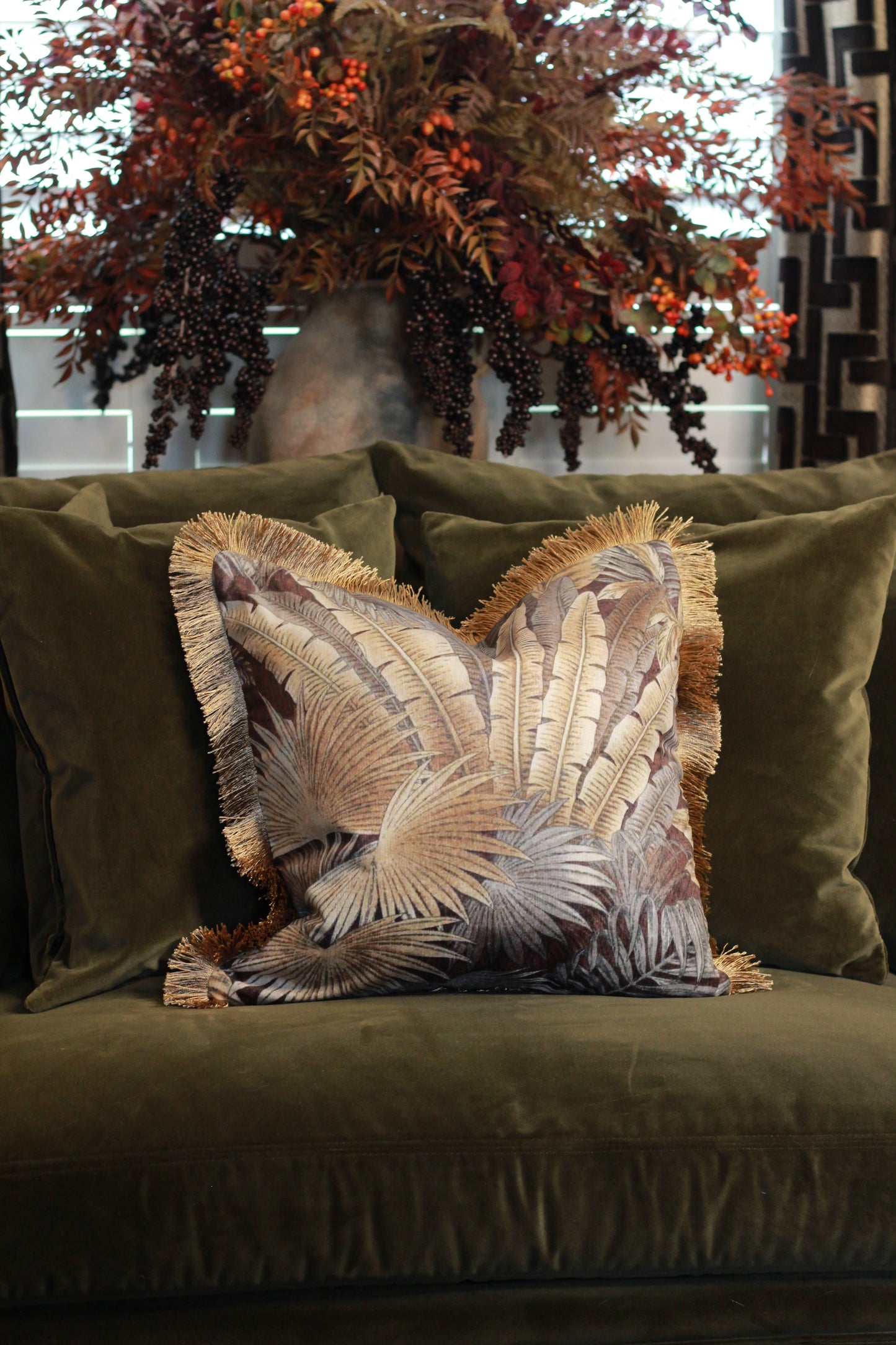 Palm Print Cushion with Fringe – 45x45cm