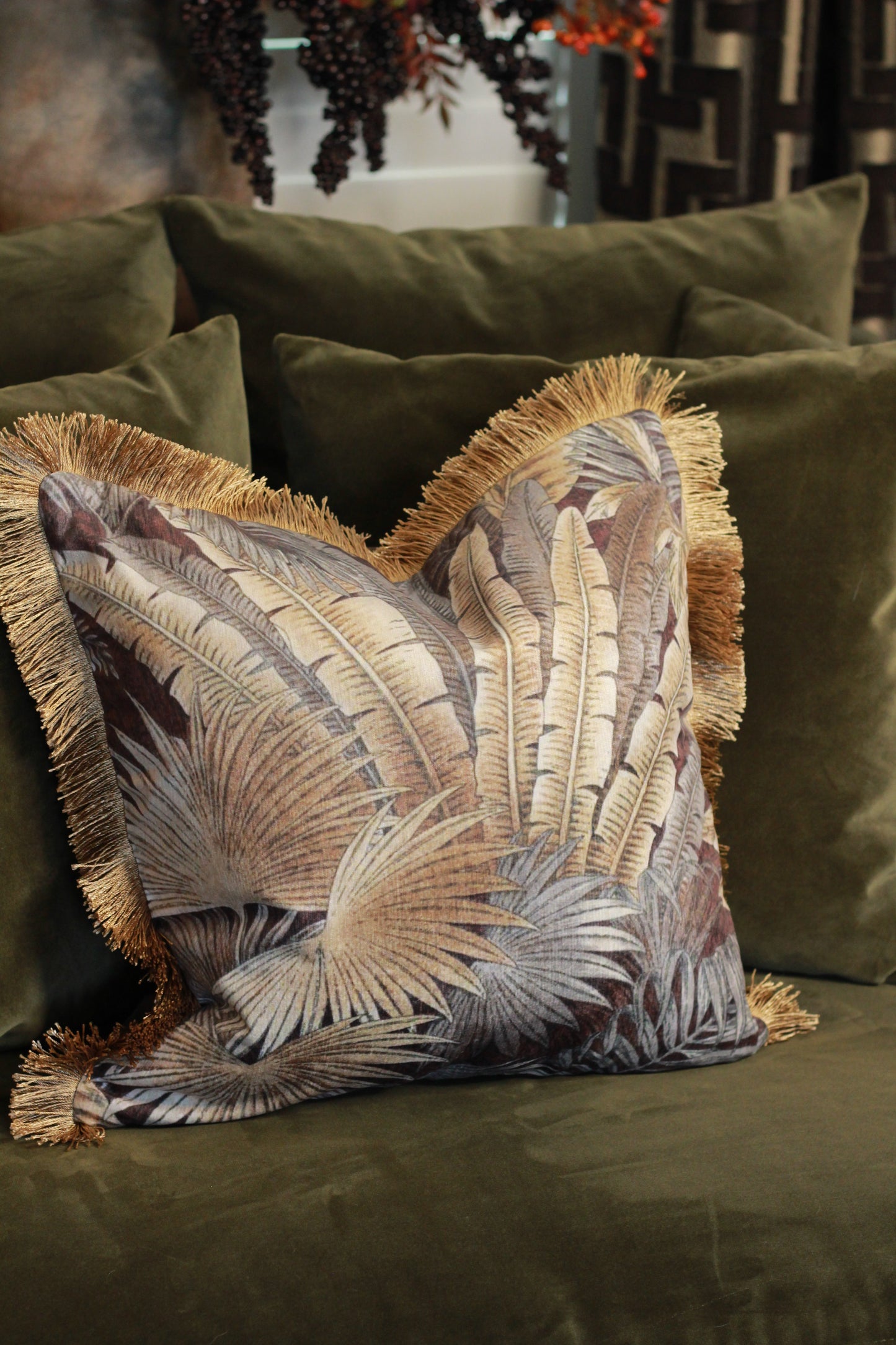 Palm Print Cushion with Fringe – 45x45cm