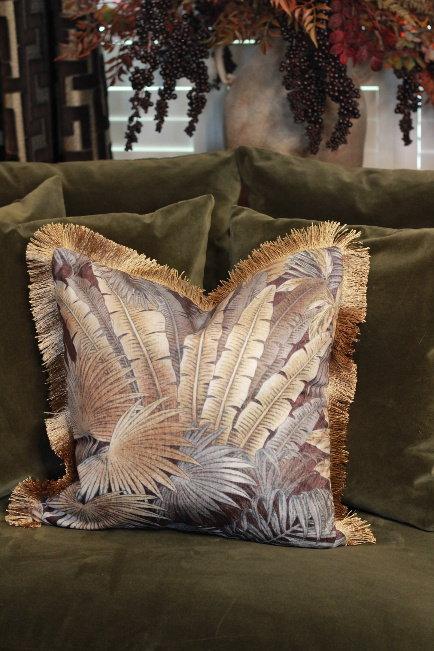 Palm Print Cushion with Fringe – 45x45cm