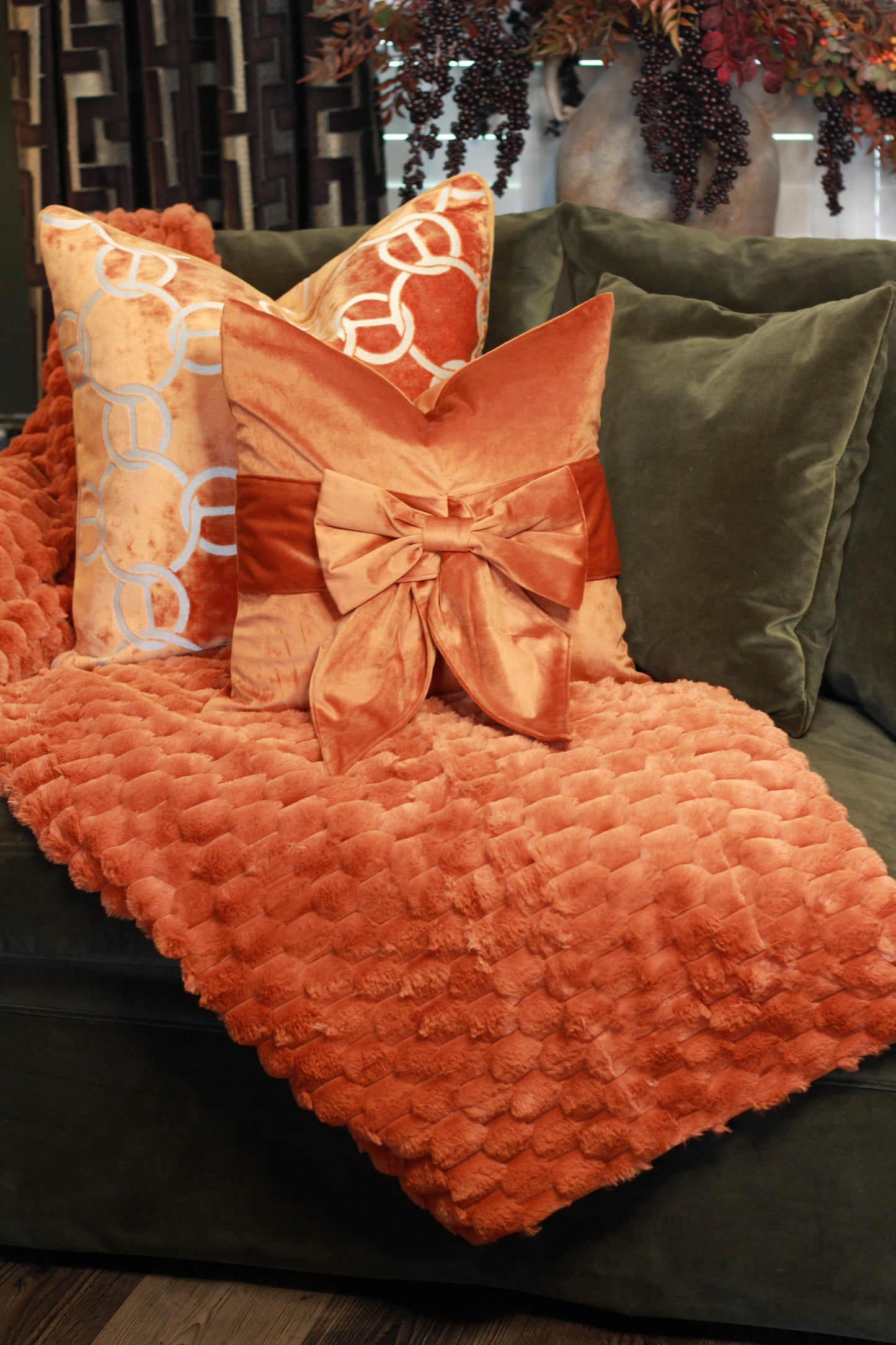 Hooked Velvet Cushion Orange