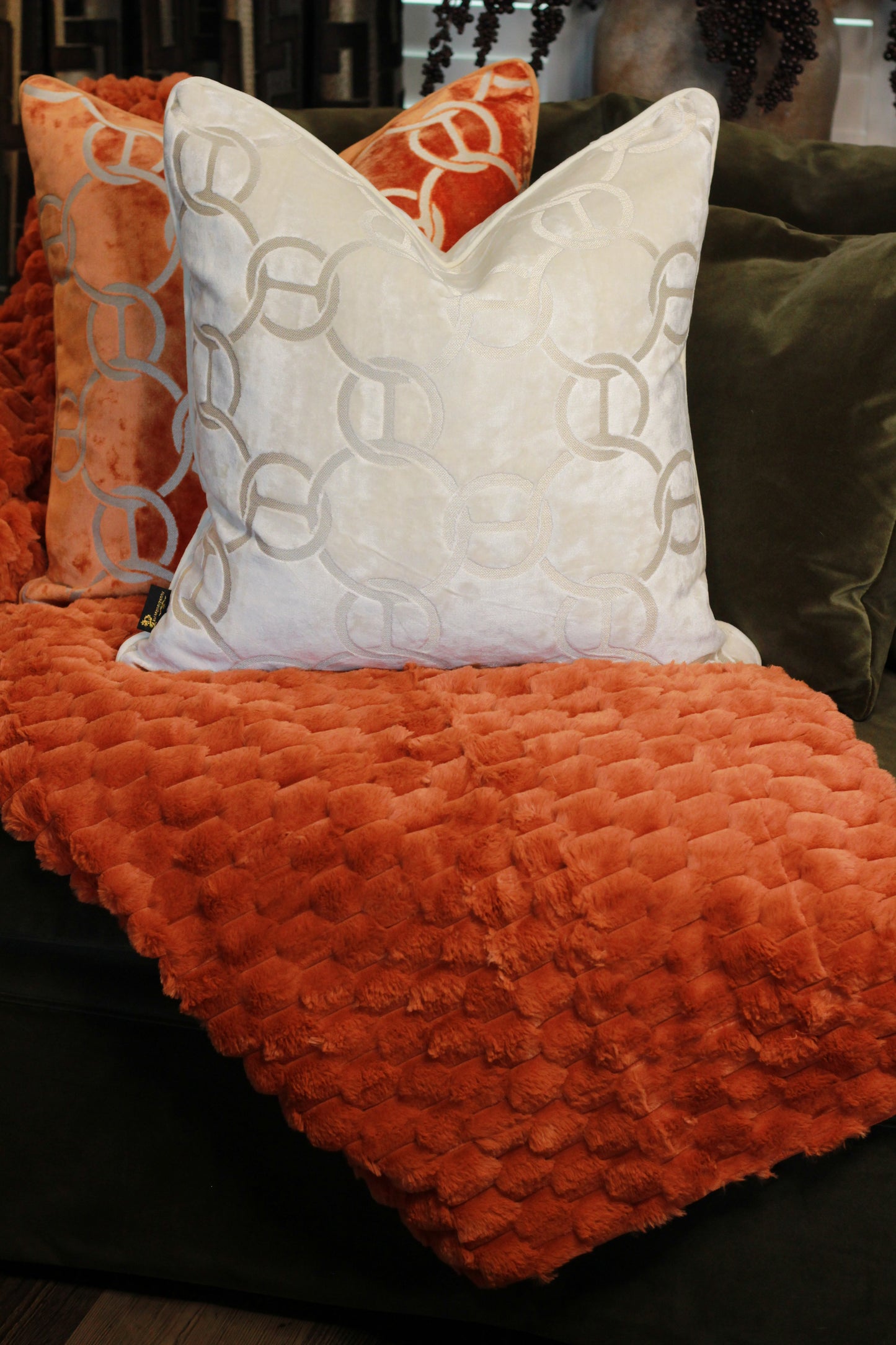 Hooked Velvet Cushion Ivory