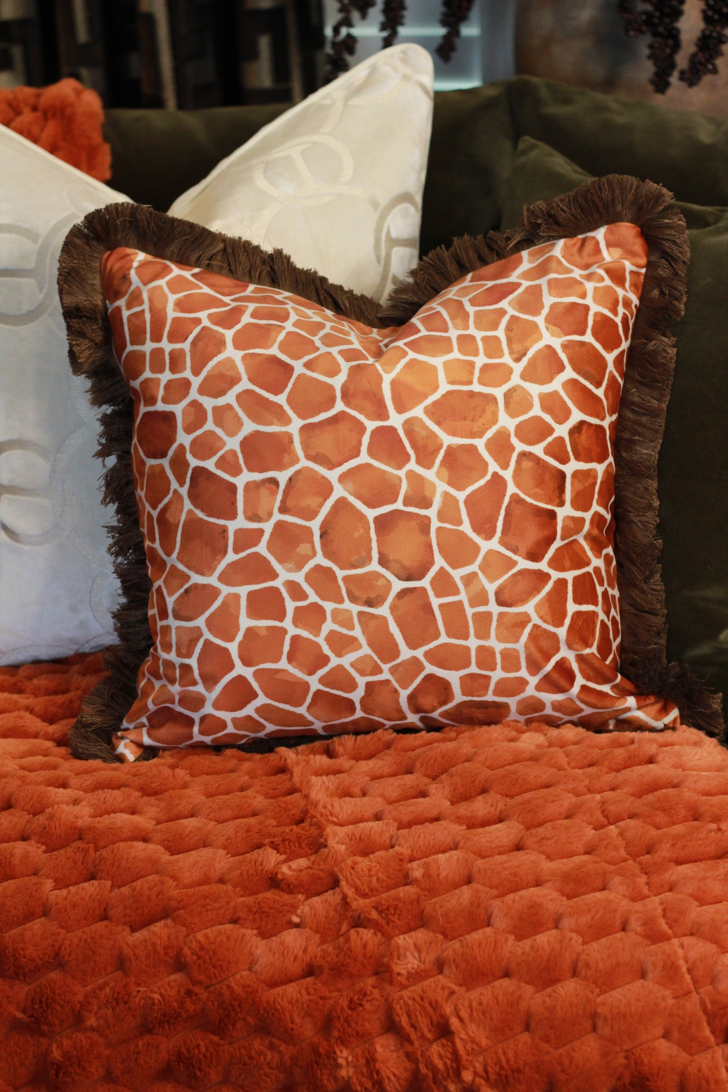 Fringed Orange Giraffe Print Cushion