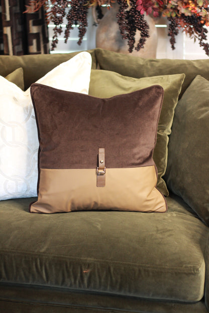 Buckle Cushion – Chocolate styled view – Leya Buster Interiors