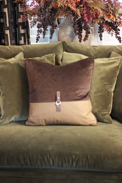 Buckle Cushion – Chocolate styled view – Leya Buster Interiors