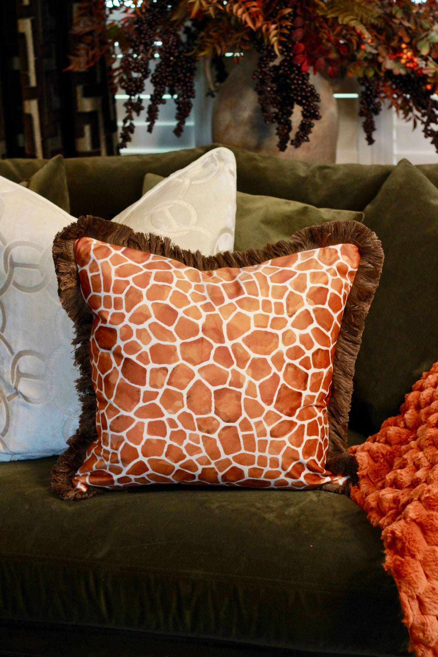 Fringed Orange Giraffe Print Cushion