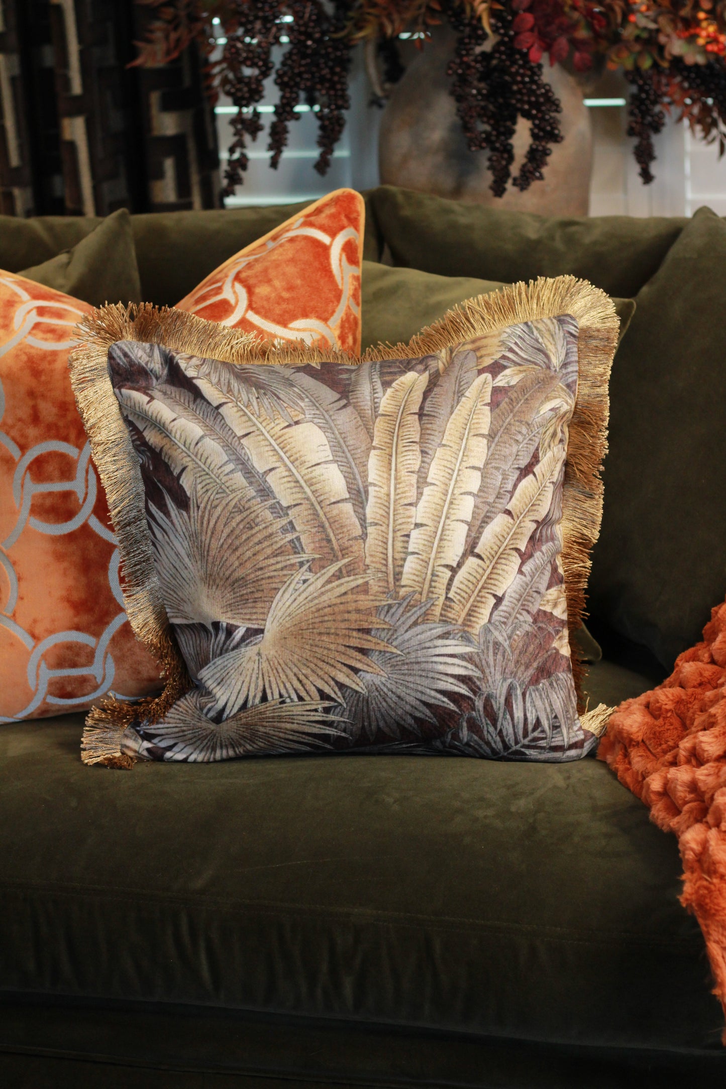 Palm Print Cushion with Fringe – 45x45cm