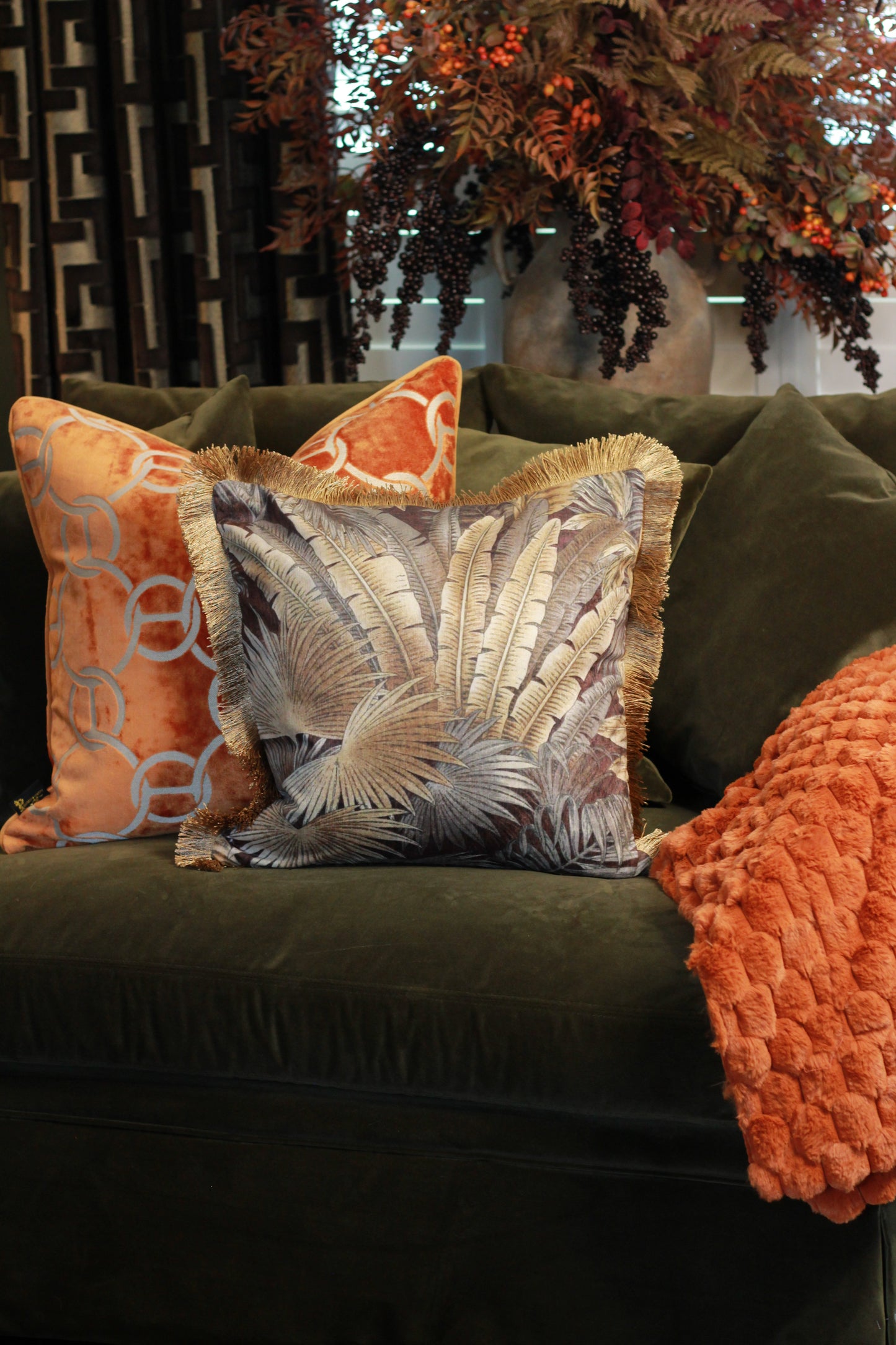 Palm Print Cushion with Fringe – 45x45cm