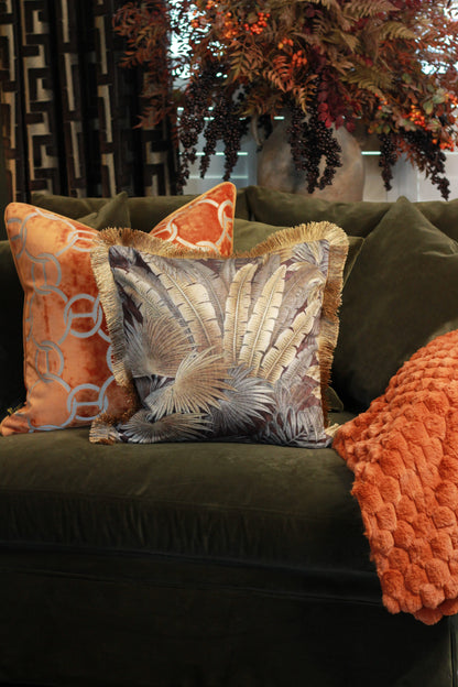 Palm Print Cushion with Fringe – 45x45cm – decorative cushion at Leya Buster Interiors