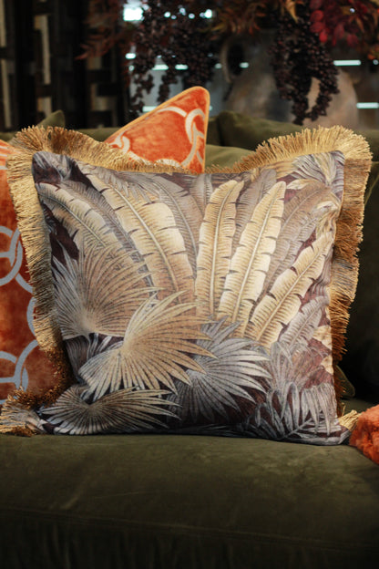 Palm Print Cushion with Fringe – 45x45cm styled view – Leya Buster Interiors