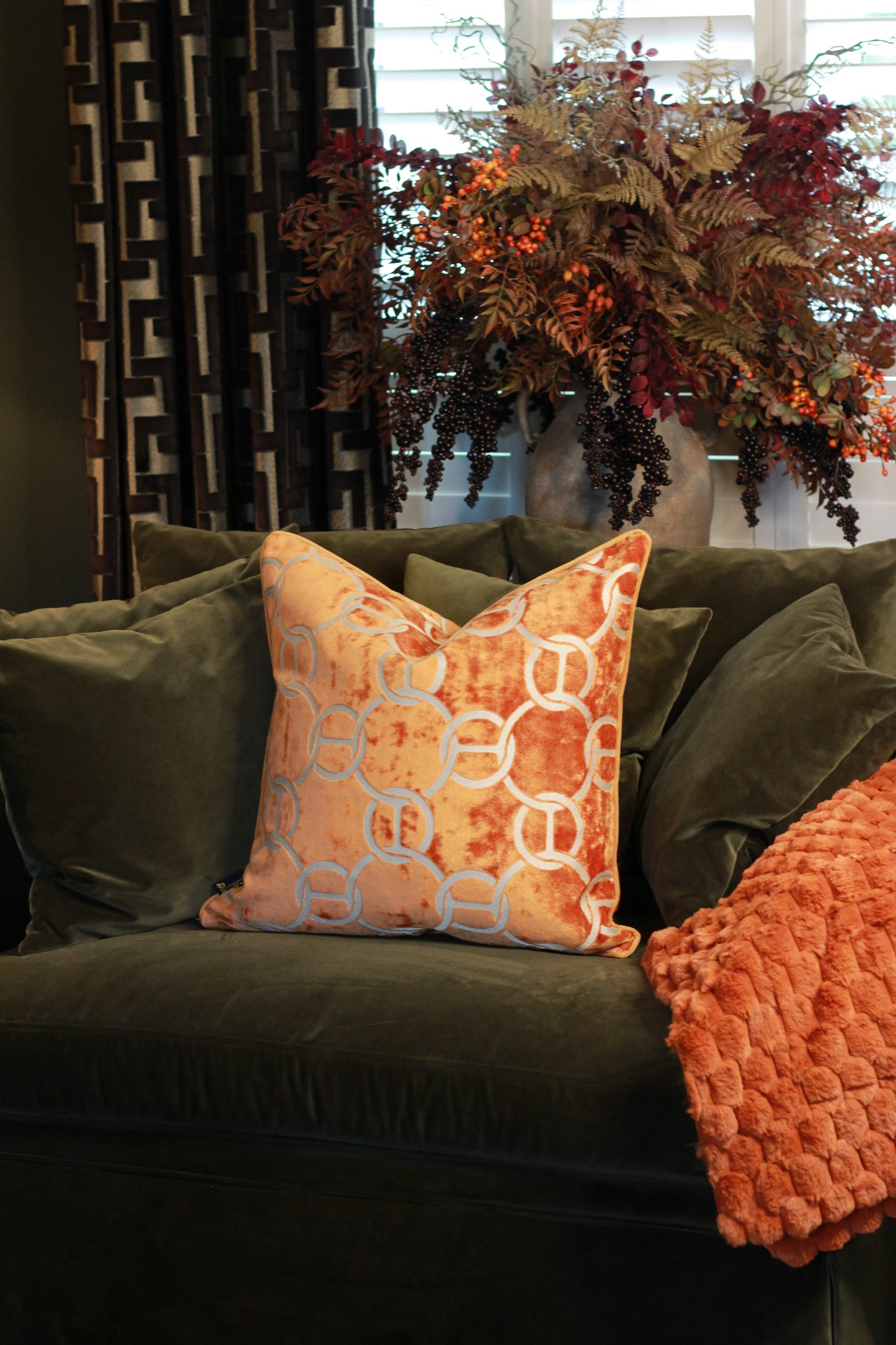 Hooked Velvet Cushion Orange