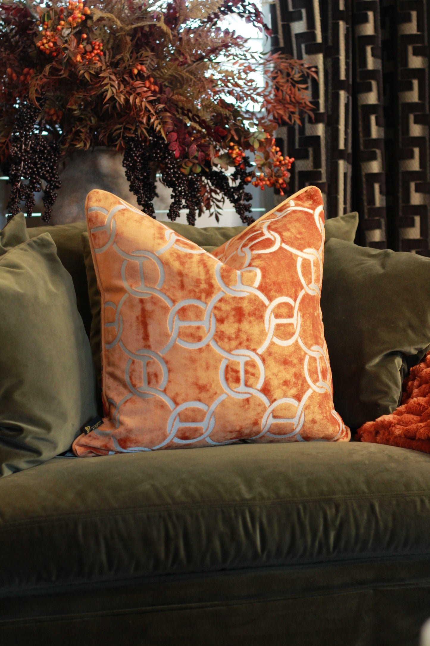 Hooked Velvet Cushion Orange