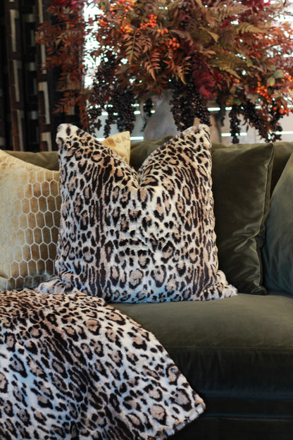 Eartha Leopard Print Faux Fur Cushion – decorative cushion at Leya Buster Interiors