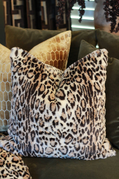 Eartha Leopard Print Faux Fur Cushion styled view – Leya Buster Interiors