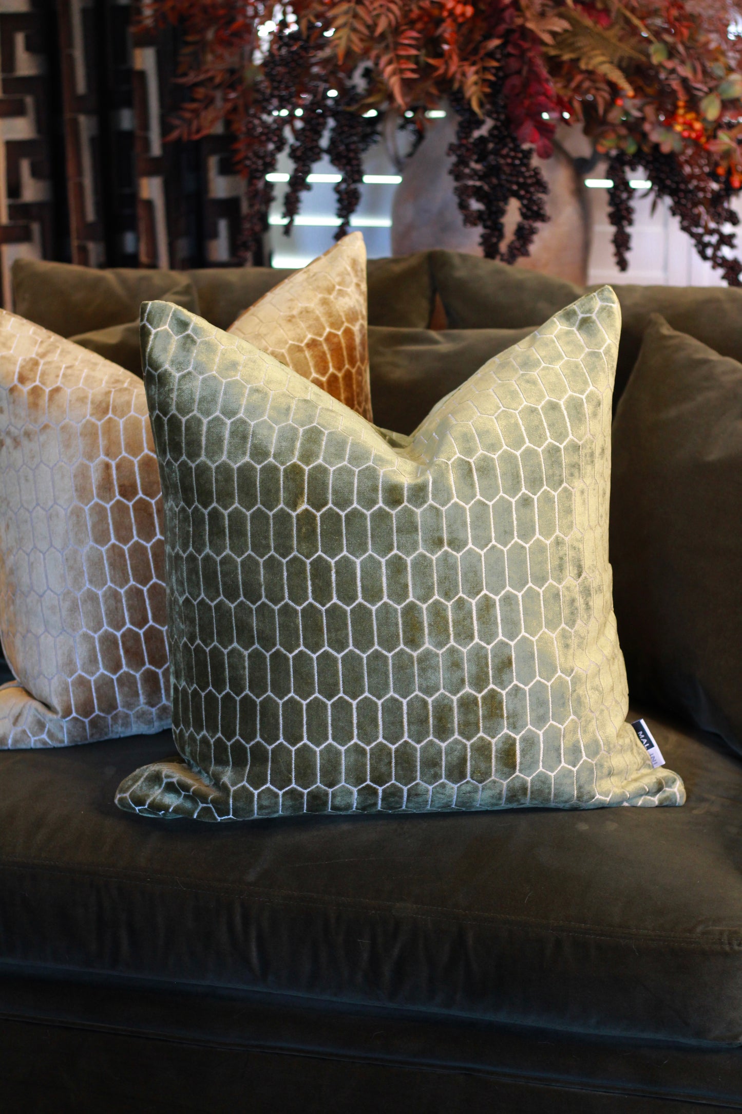 Sinclair Honeycomb Cushion – Olive Velvet