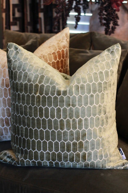 Sinclair Honeycomb Cushion – Olive Velvet styled view – Leya Buster Interiors