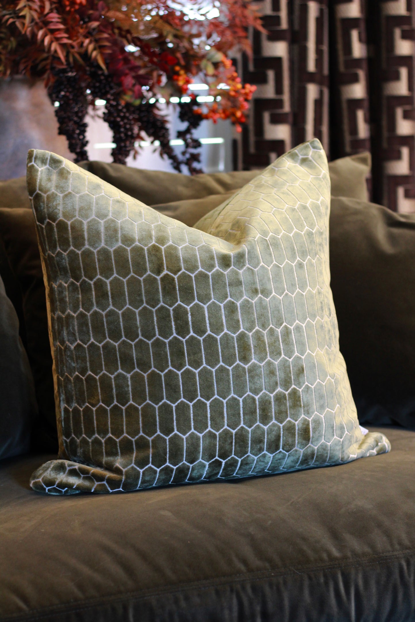 Sinclair Honeycomb Cushion – Olive Velvet