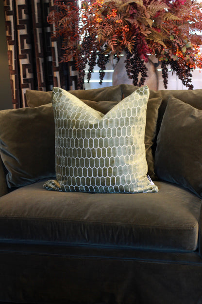 Sinclair Honeycomb Cushion – Olive Velvet styled view – Leya Buster Interiors
