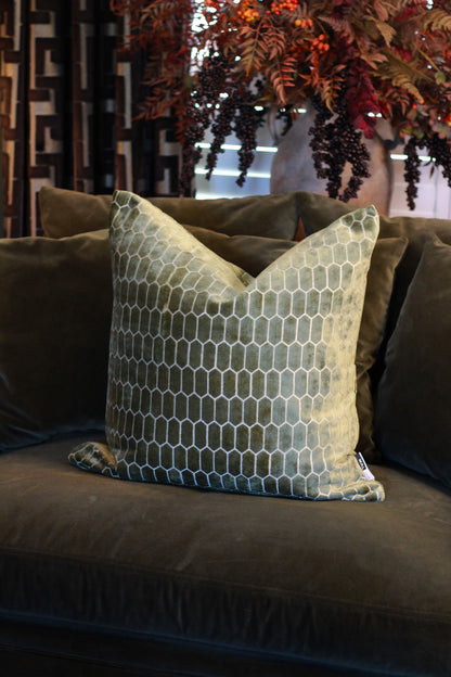 Sinclair Honeycomb Cushion – Olive Velvet styled view – Leya Buster Interiors
