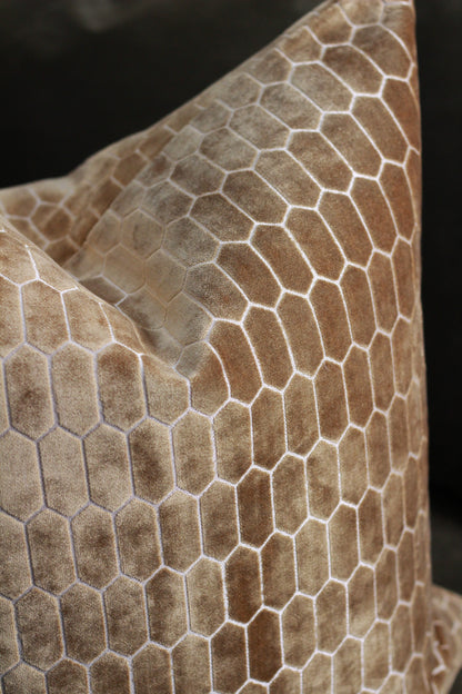 Sinclair Honeycomb Cushion – Whiskey Velvet styled view – Leya Buster Interiors